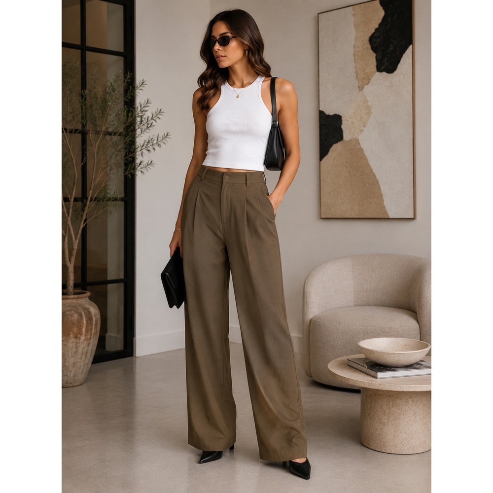 Commense Khaki High Waist Pleated Dress Pants Business Casual Trousers Size M
